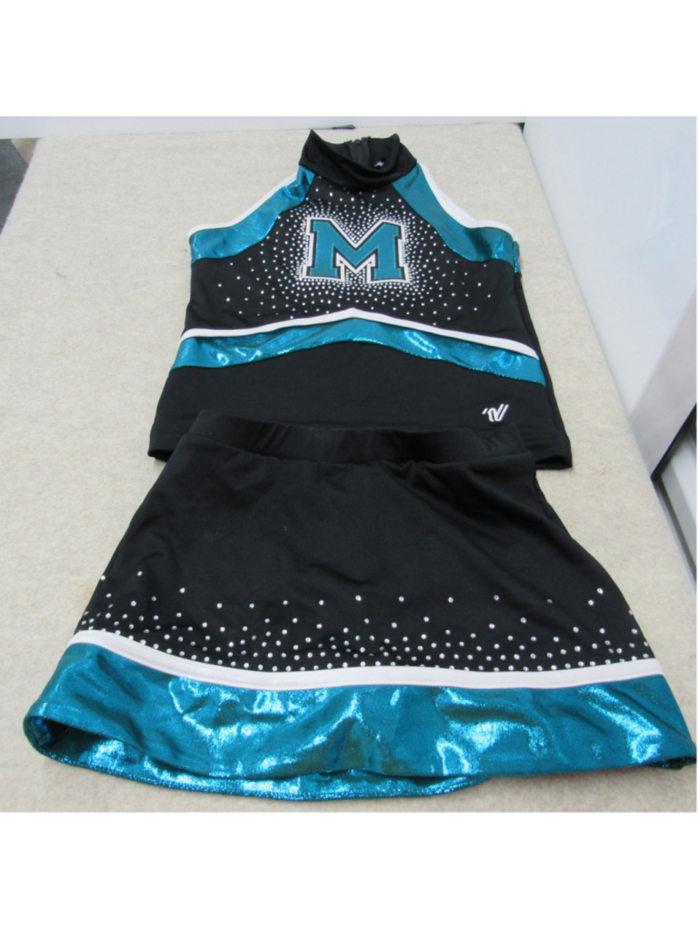 Varsity Spirit Cheer Uniform Set Black Teal Rhinestone Crop Top Skort Youth YM